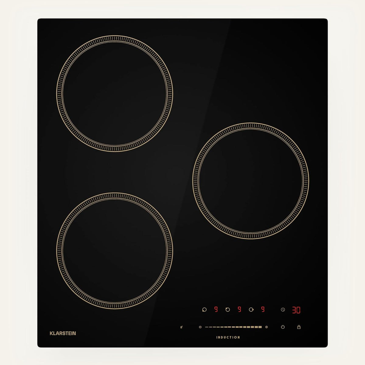Klarstein Victoria Plaque À Induction Encastrable - 3 Zones, 6600 W Avec Boosters, Commande Tactile À Curseur, Minuterie Verrouillage Parental, Vitrocéramique Noire, Design Compact 45 cm(Beige)