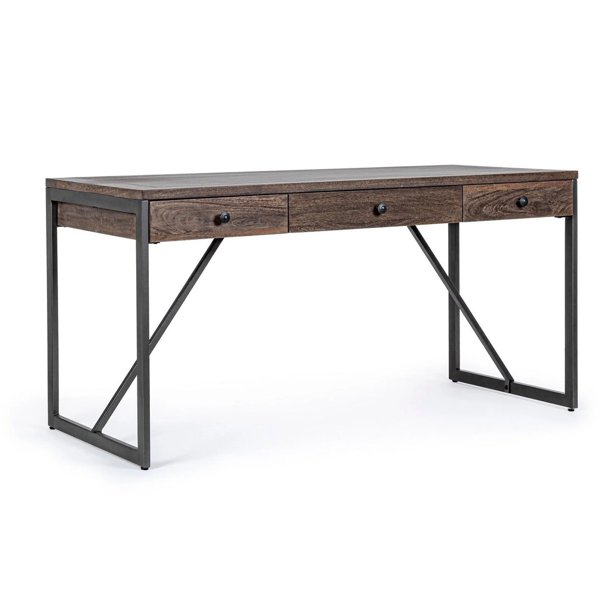 Bureau Calixte à 3 tiroirs, structure en manguier et acier, style industriel, 153x66x75,8h