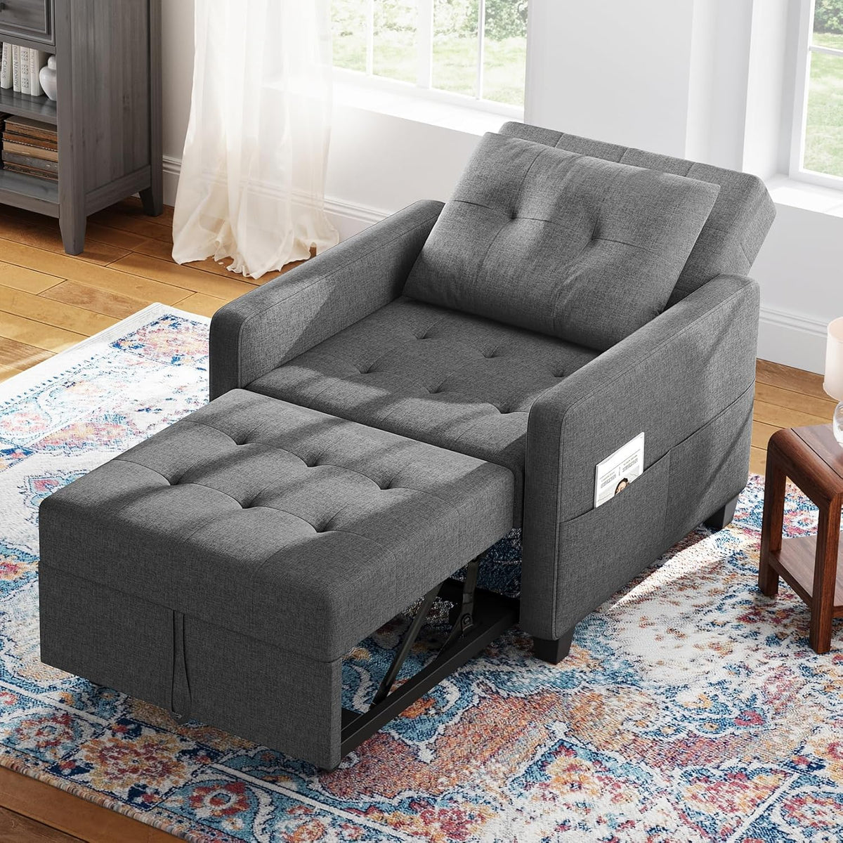 Canapé-lit Compact 3-en-1, canapé Pliant ottomane avec Fonction lit, Fauteuil Convertible jusqu'à 200 kg, canapé-lit avec revêtement Effet Lin, Fauteuil pour Salon et Chambre d'amis, Gris foncé