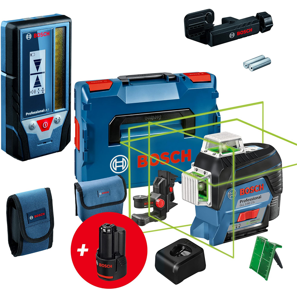Bosch Professional 12V System Laser Lignes GLL 3-80 CG Cellule de Rception LR 7 (Faisceau Rouge et Vert, 2 Piles 1,5 V AAA, Porte : 5-50 m, Housse de Protection)