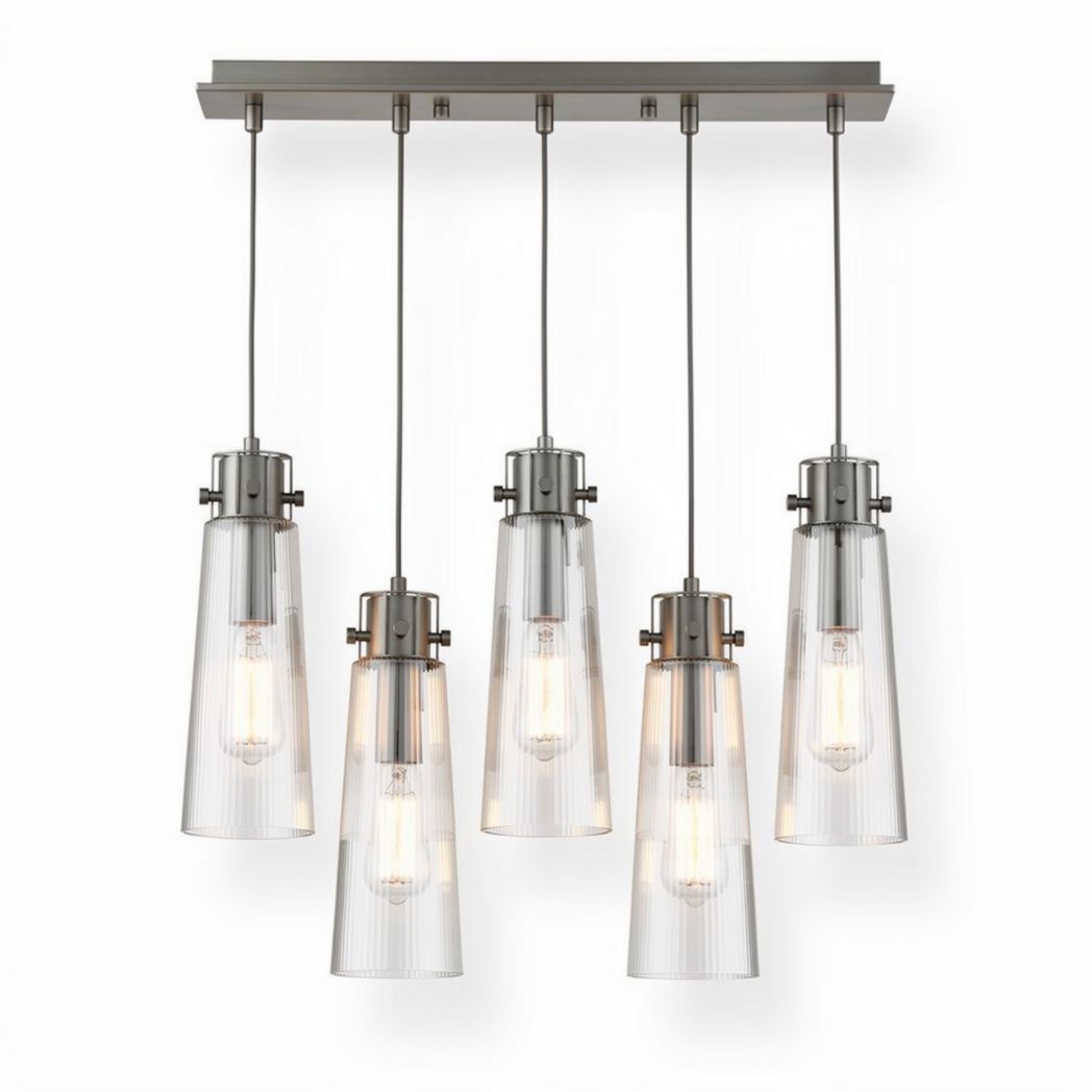 Suspension en verre transparent à cinq lumières en acier inoxydable 30 x 15 x 45cm