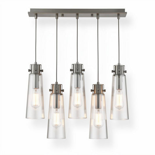 Suspension en verre transparent à cinq lumières en acier inoxydable 30 x 15 x 45cm