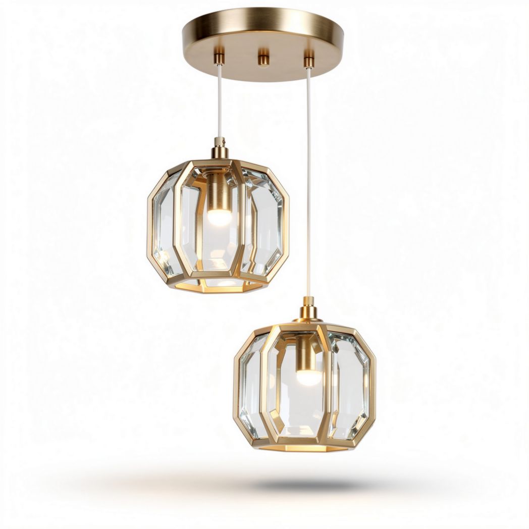 Suspension en verre octogonal doré avec deux lumières dimensions 20 x 20 x 30cm