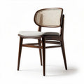Chaise en bois sombre avec assise en tissu gris et dossier en cannage dimensions 45 x 45 x 80cm