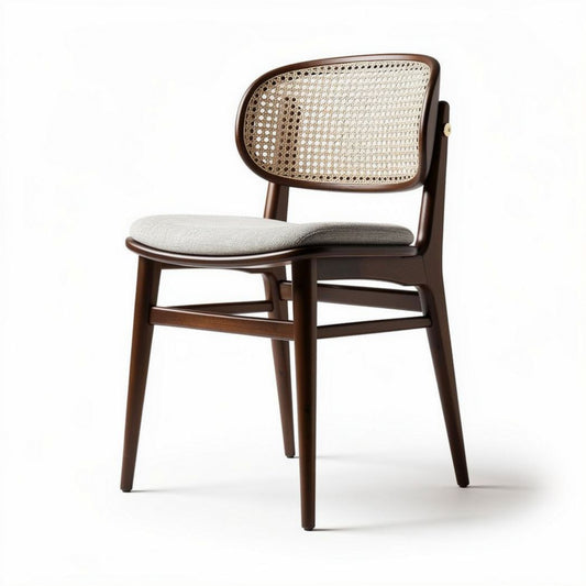 Chaise en bois sombre avec assise en tissu gris et dossier en cannage dimensions 45 x 45 x 80cm