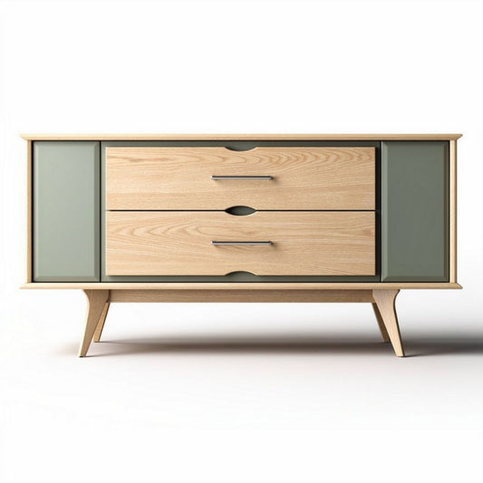 Meuble de rangement en bois de chêne avec tiroirs et portes vertes 150 x 40 x 70cm