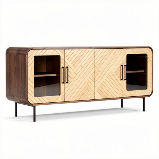 Meuble TV en bois massif et verre 150 x 40 x 70cm couleur marron et beige