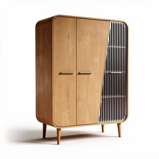 Buffet en bois clair avec portes en battants et étagères métalliques 120 x 60 x 180cm