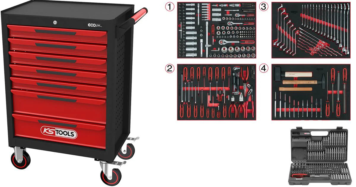 KS TOOLS ECOline Servante d'atelier NOIR/ROUGE avec 7 tiroirs et 515 outils d'excellente qualité ( 897.7515 )(défaut)