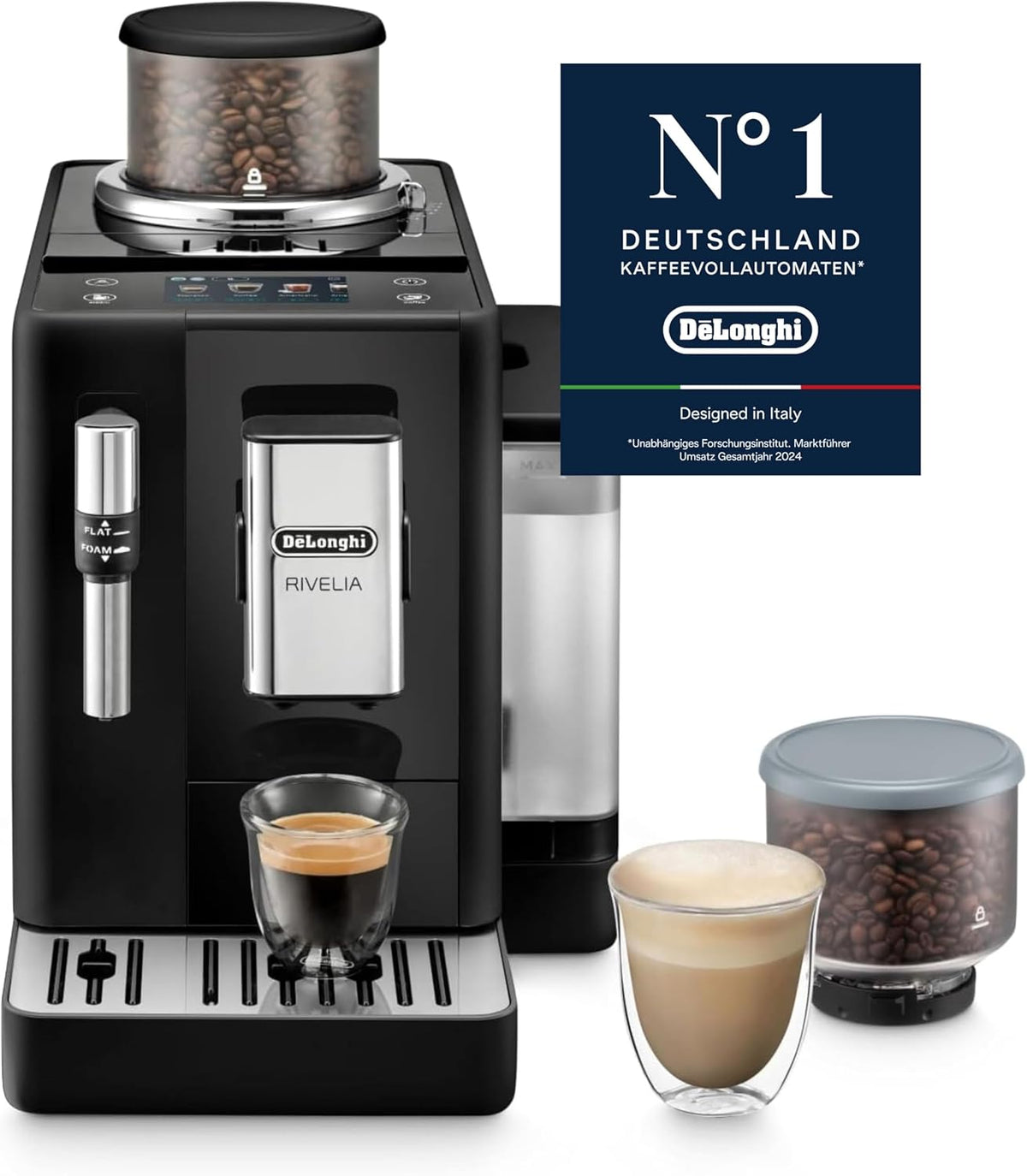 De'Longhi Rivelia EXAM440.35.B, Machine À Café Grain Automatique, Grains Fraîchement Moulus, Bac à Grains Interchangeable, Buse Vapeur Lait Classique, 8 Recettes, Écran Tactile Couleur, Noir