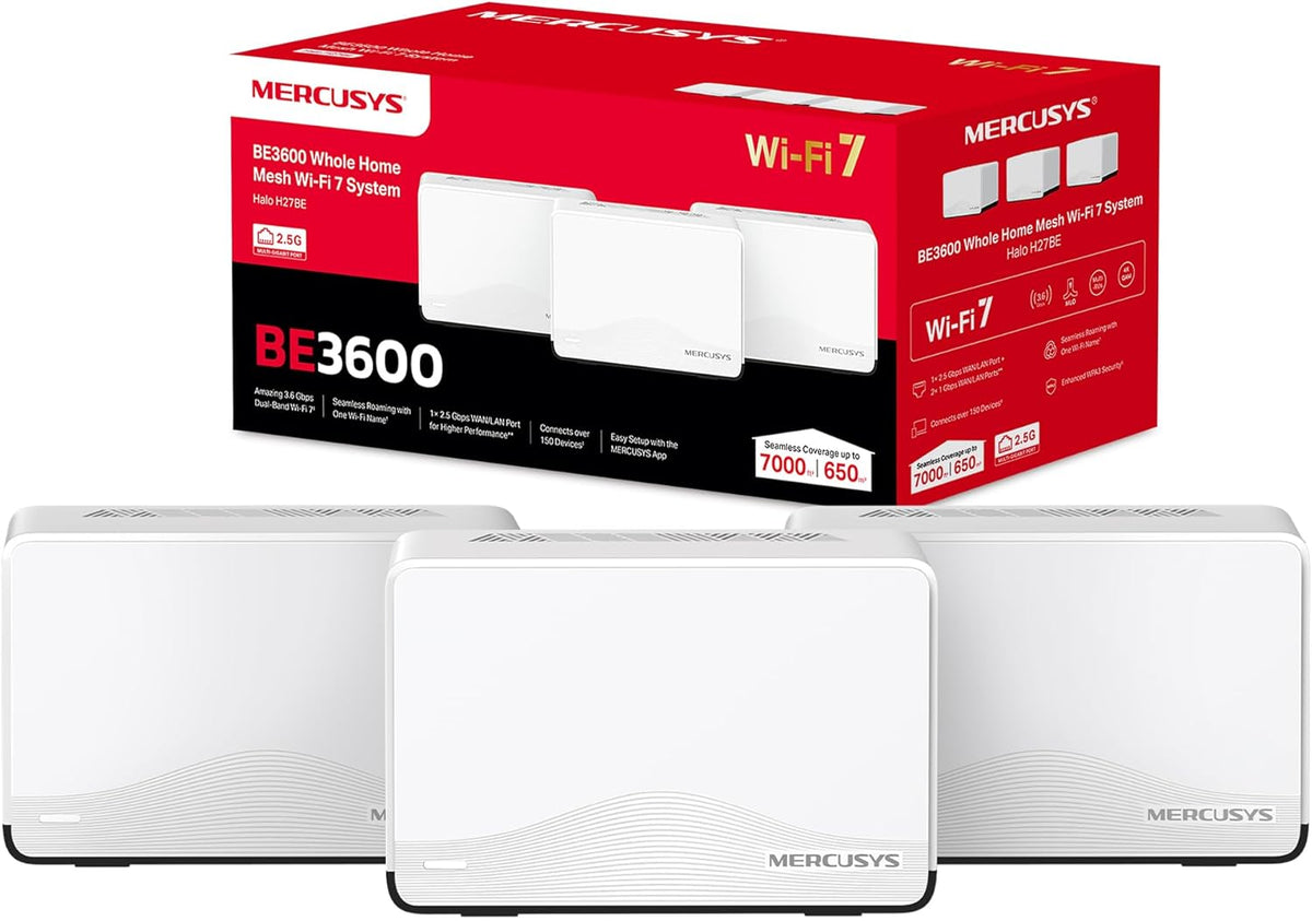 MERCUSYS TP-Link Routeur WiFi 7 Mesh BE3600Mbps Double Bande, 1 Port 2,5G + 2 Ports Gigabit, Couverts jusqu'à 650m², Connectez 150 appareils, Compatible Toutes Les Box Internet, Halo H27BE(3-Pack)(Blanc)