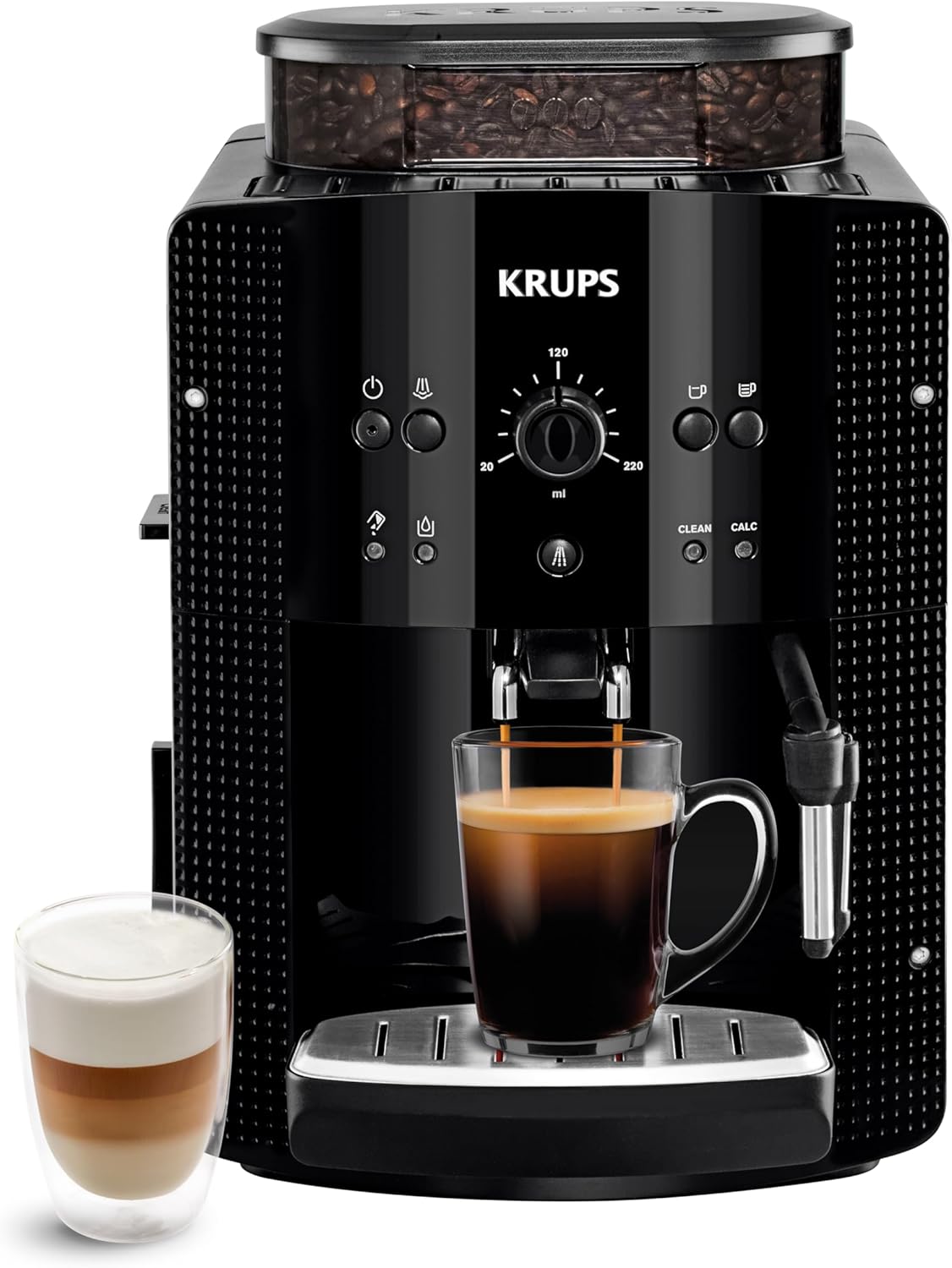 Krups Machine à café grain, machine expresso, 2 tasses en simultané, Nettoyage automatique, Buse vapeur pour Cappuccino, Cafetière espresso, Essential noire YY8125FD(Noir)