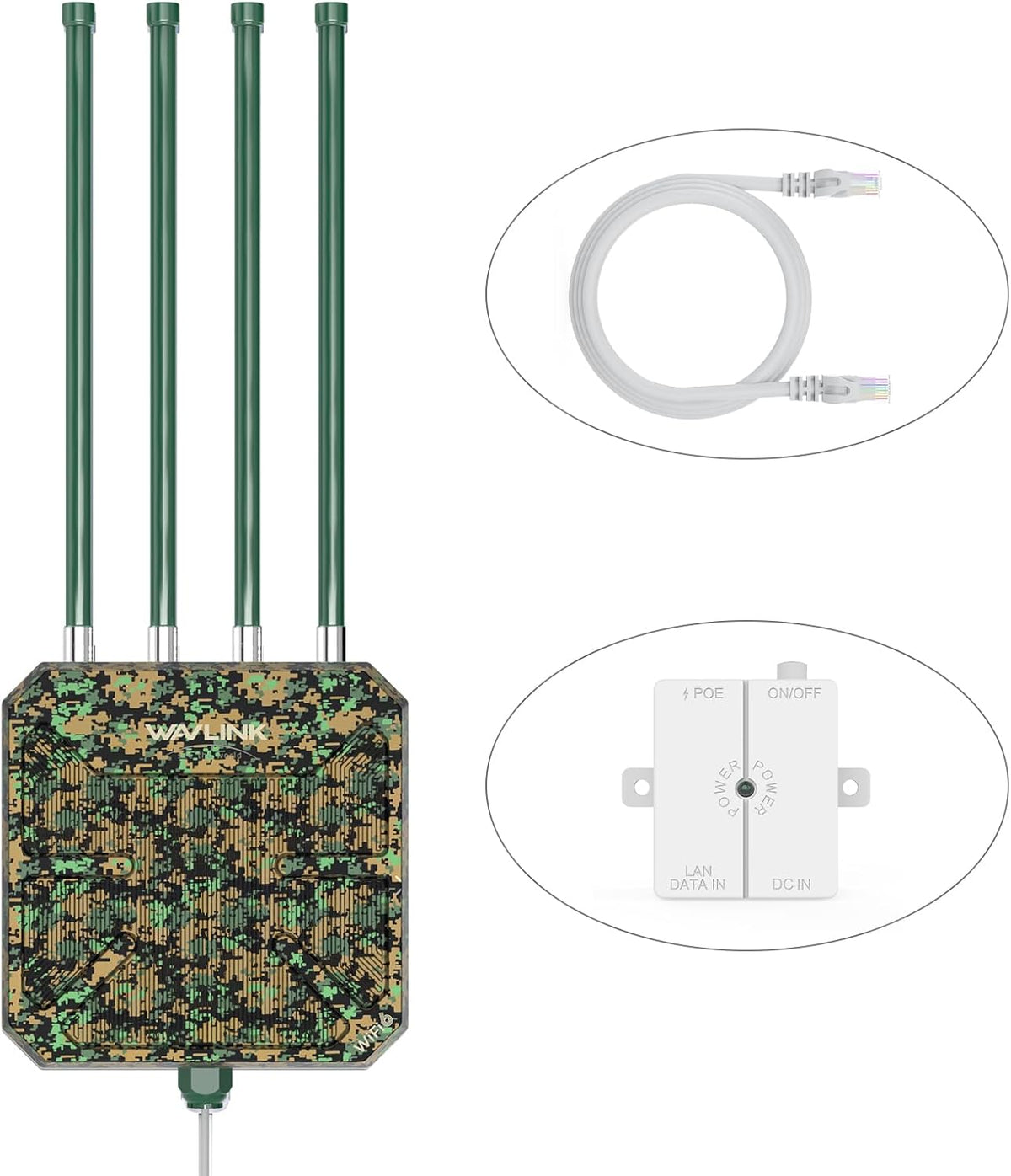 WAVLINK AX3000 Extenseur WiFi 6 extérieur longue portée, point d'accès sans fil extérieur WiFi 6, prend en charge PoE actif, antennes à gain élevé 4 x 8 dBi, IP67, jusqu'à 128 appareils pour la ferme(Vert)